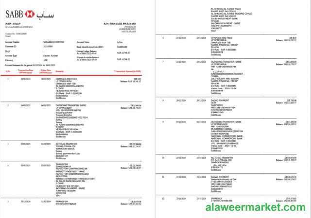 Saudi Arabia SABB Bank statement Word and PDF template, 2 pages